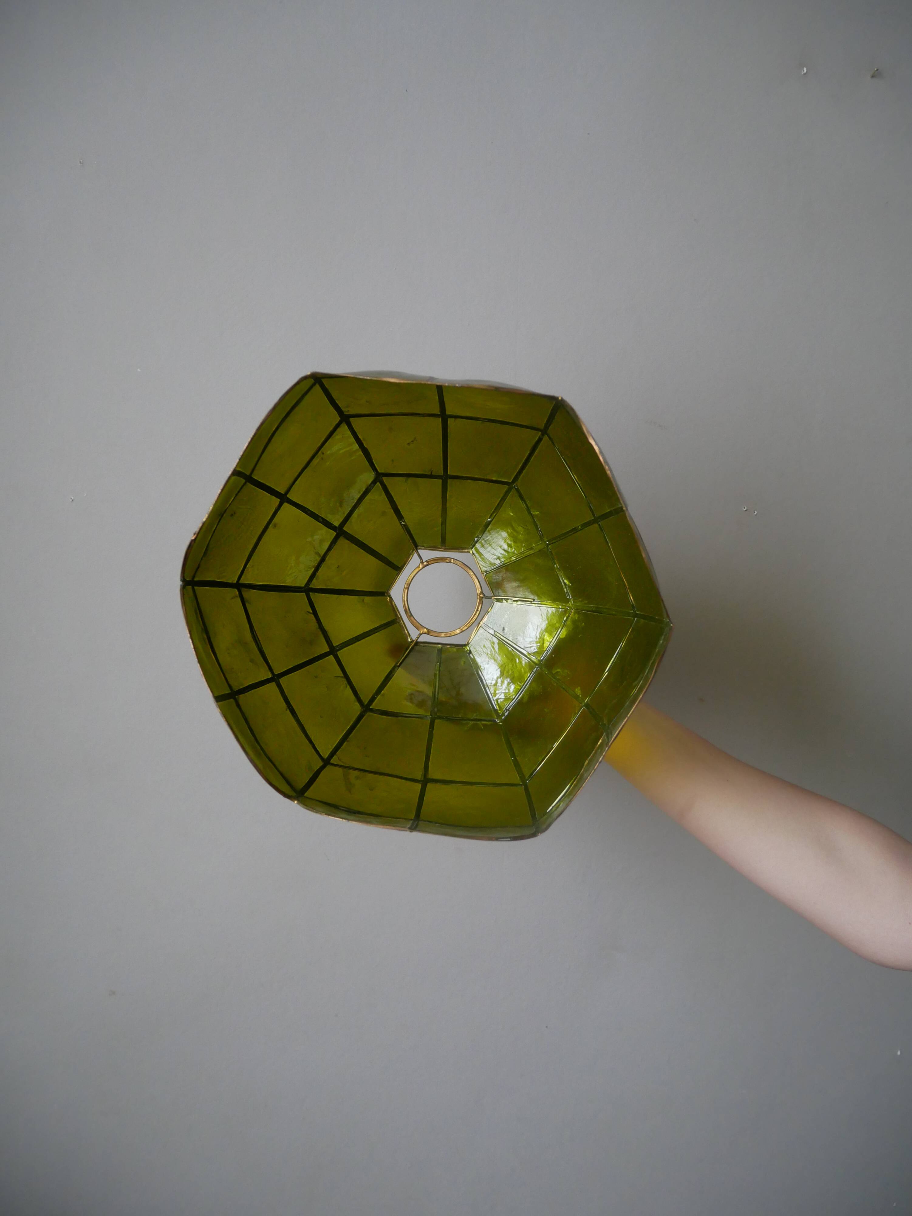 Vintage green and gold mother-of-pearl and brass pendant lampshade, bohemian country decoration