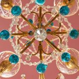 Italian chandelier in gold metal and blue crystal drops