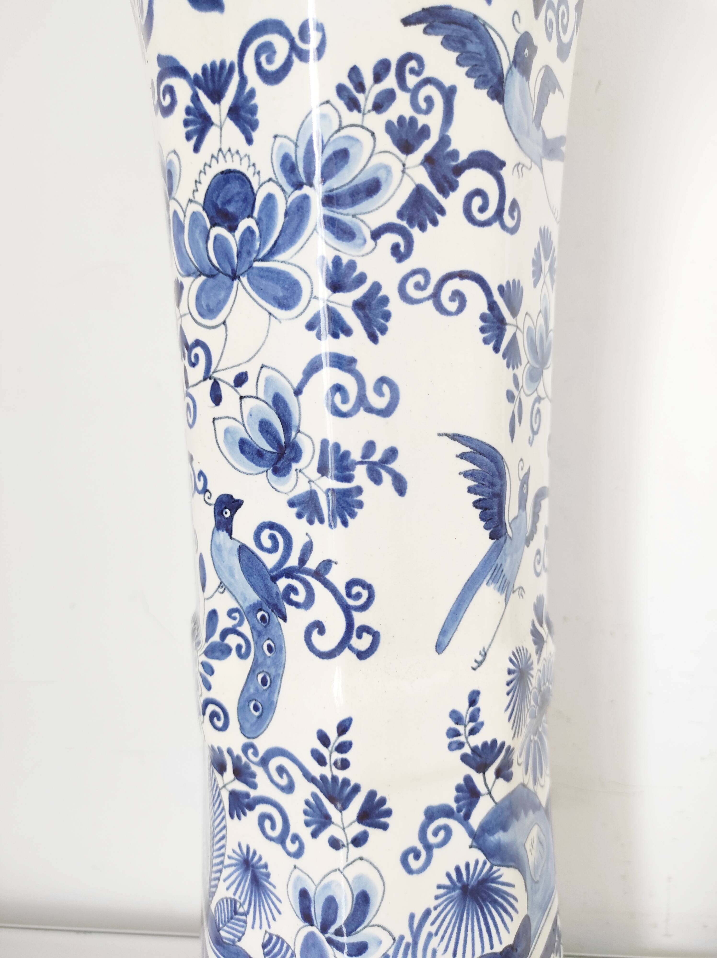 Octagonal vase blue birds BFK Boch Frères Kéramis 42 cm