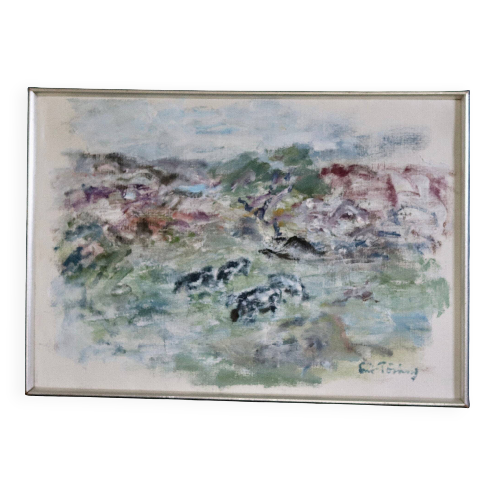 Original Swedish Modernist Oil on Canvas " Abstract field" by Erik Törning- Framed