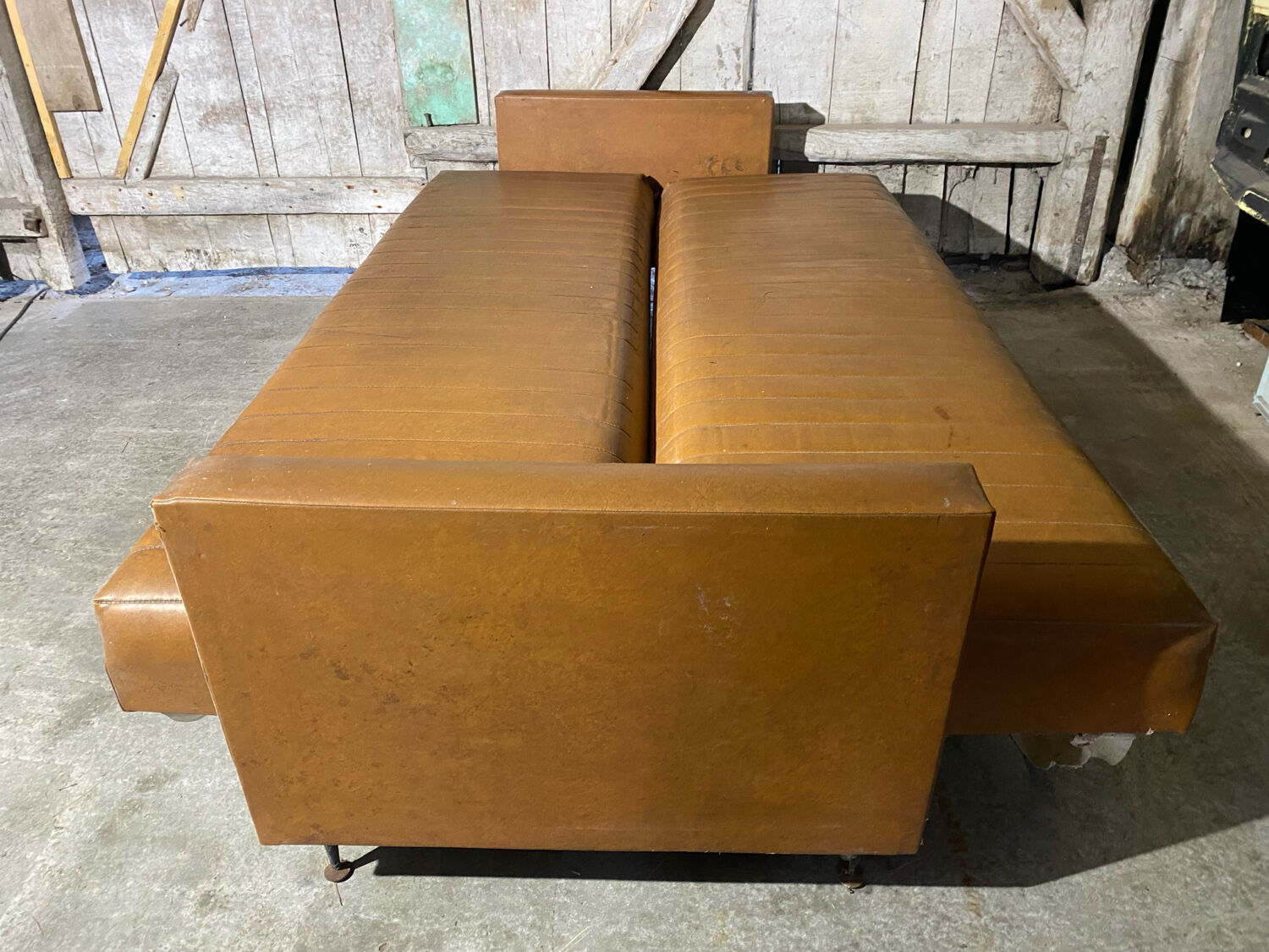 Vintage 60s 70s Brown Faux Leather Sofa Bed with Armrests #D4