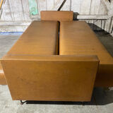 Vintage 60s 70s Brown Faux Leather Sofa Bed with Armrests #D4