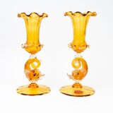 Pair of Hand Blown Salviati Venetian Dolphin Figural Candleholders