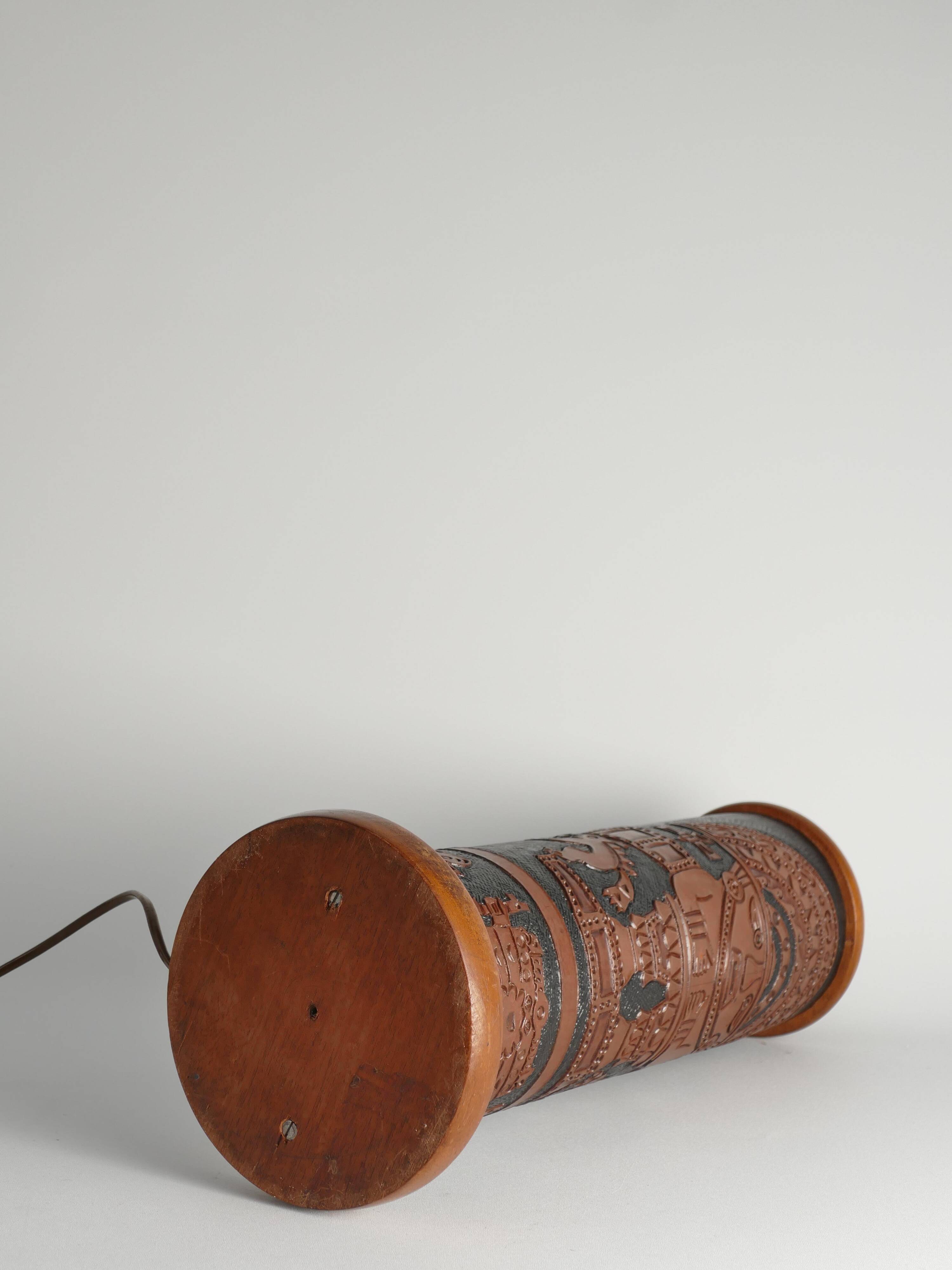 Mid-Century Modern Aztec Motif Hand Tooled Leather Table Lamp