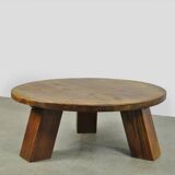 BRUTALIST / massive oak round coffee table / 1970s