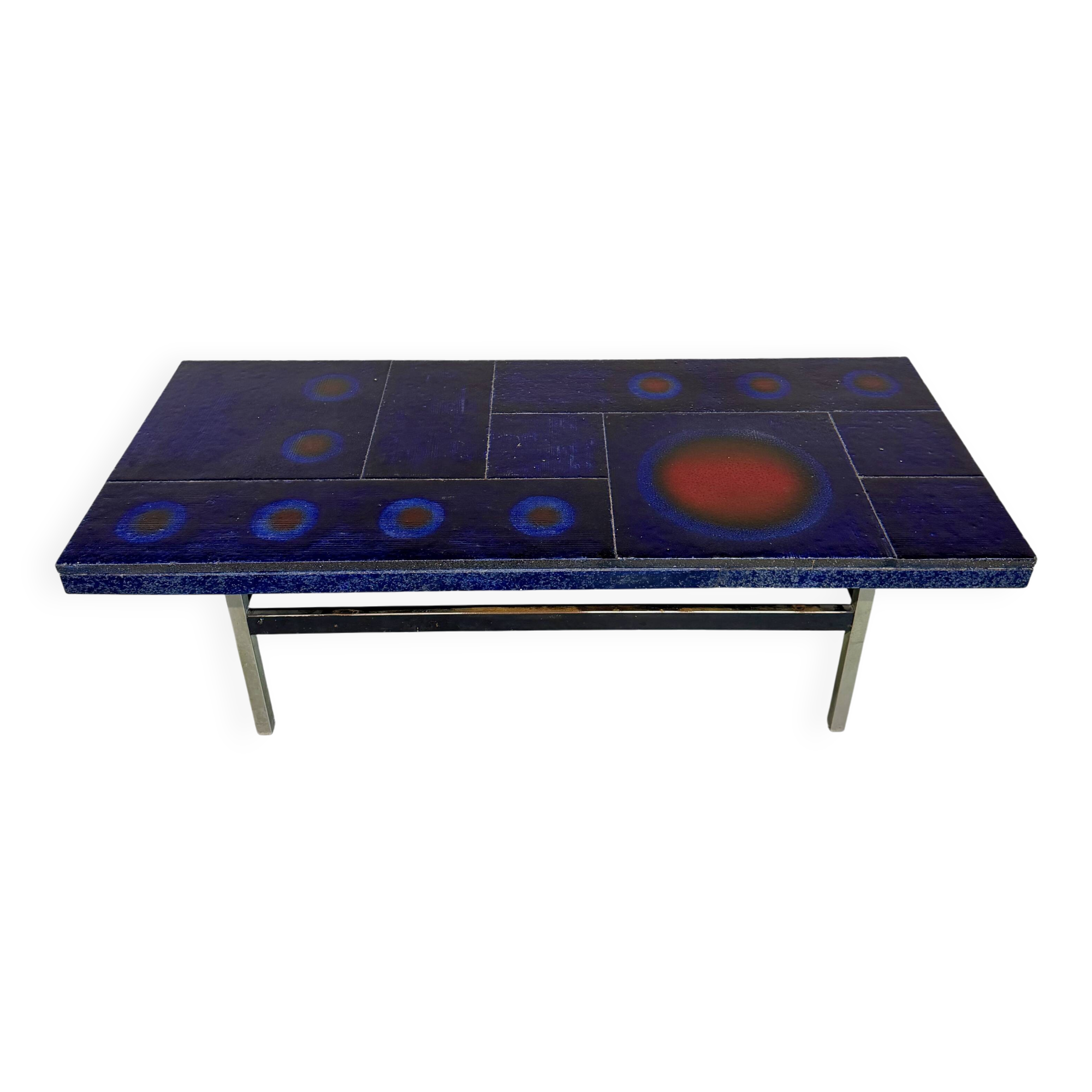 Table basse en céramique émaillée bleue design année 70