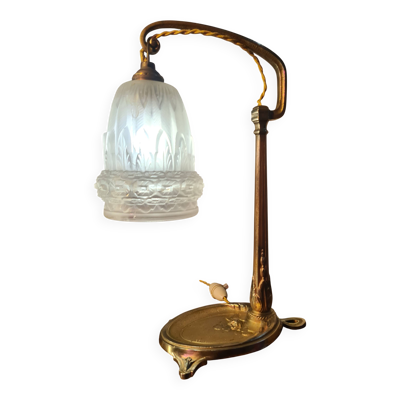 Lampe de bureau en bronze par charles ranc avec sa tulipe verre moulé  35x2