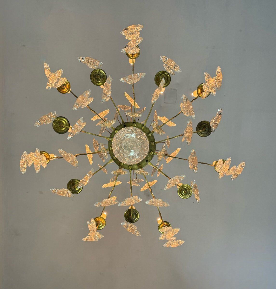 Gilt bronze cage chandelier decorated with glass pendants in the shape of peacock feathers circa 1800