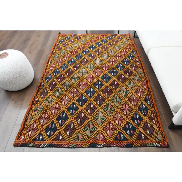 1970s Vintage Turkish Oushak Handmade Wool Cotton Orange Area Rug 158x233