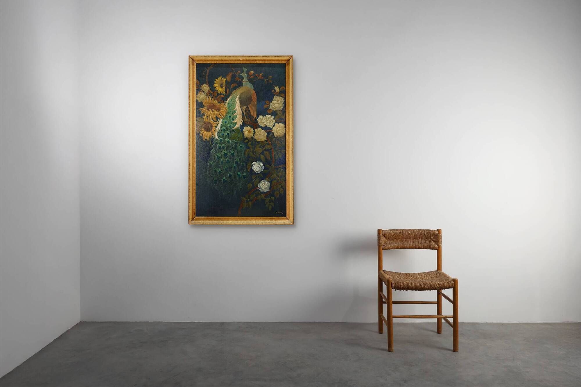 Signed Hollywood Regency style Painting of a Peacock with Roses, Belgium