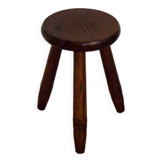 Vintage French Hand Made Wood Milking Stool 3 Carved Legs Round Seat 4678