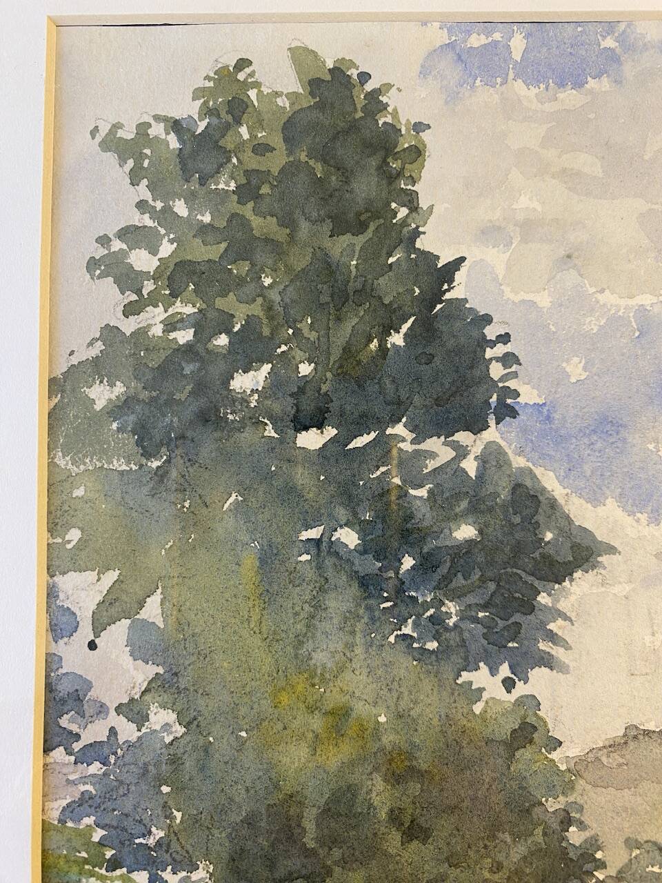 Tableau ancien, fermette à la campagne monogrammée ML, milieu XX siècle