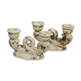 Set of two antique porcelain candle holders