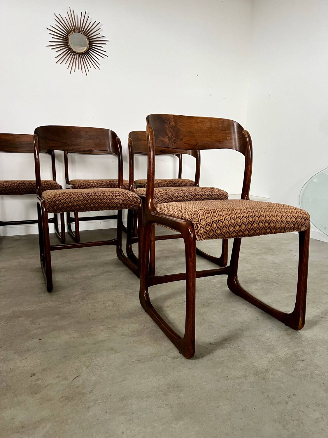 Set of 6 old baumann design sled chairs from the 60s wood and fabric