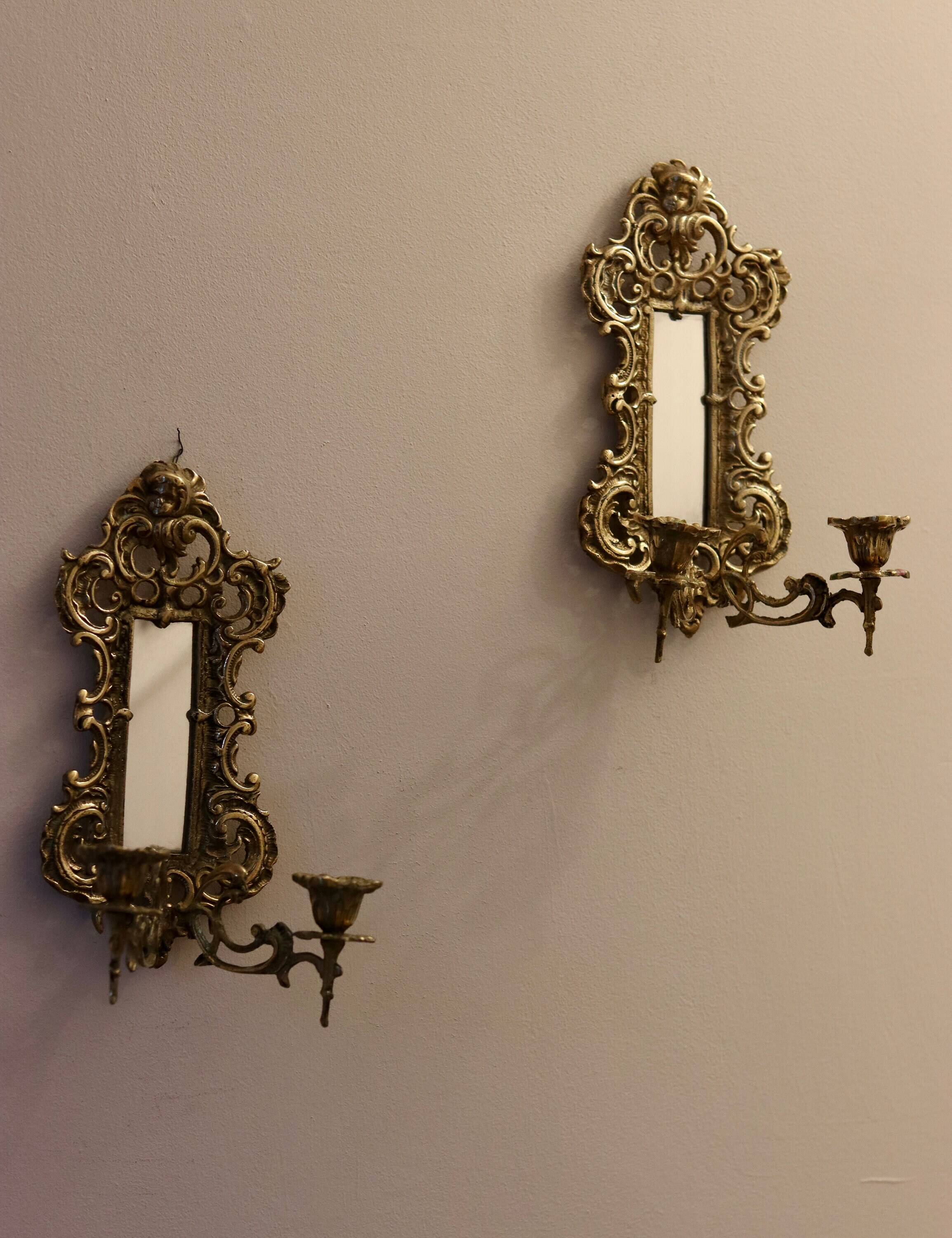 Pair of Antique Brass Wall Sconces with Mirror