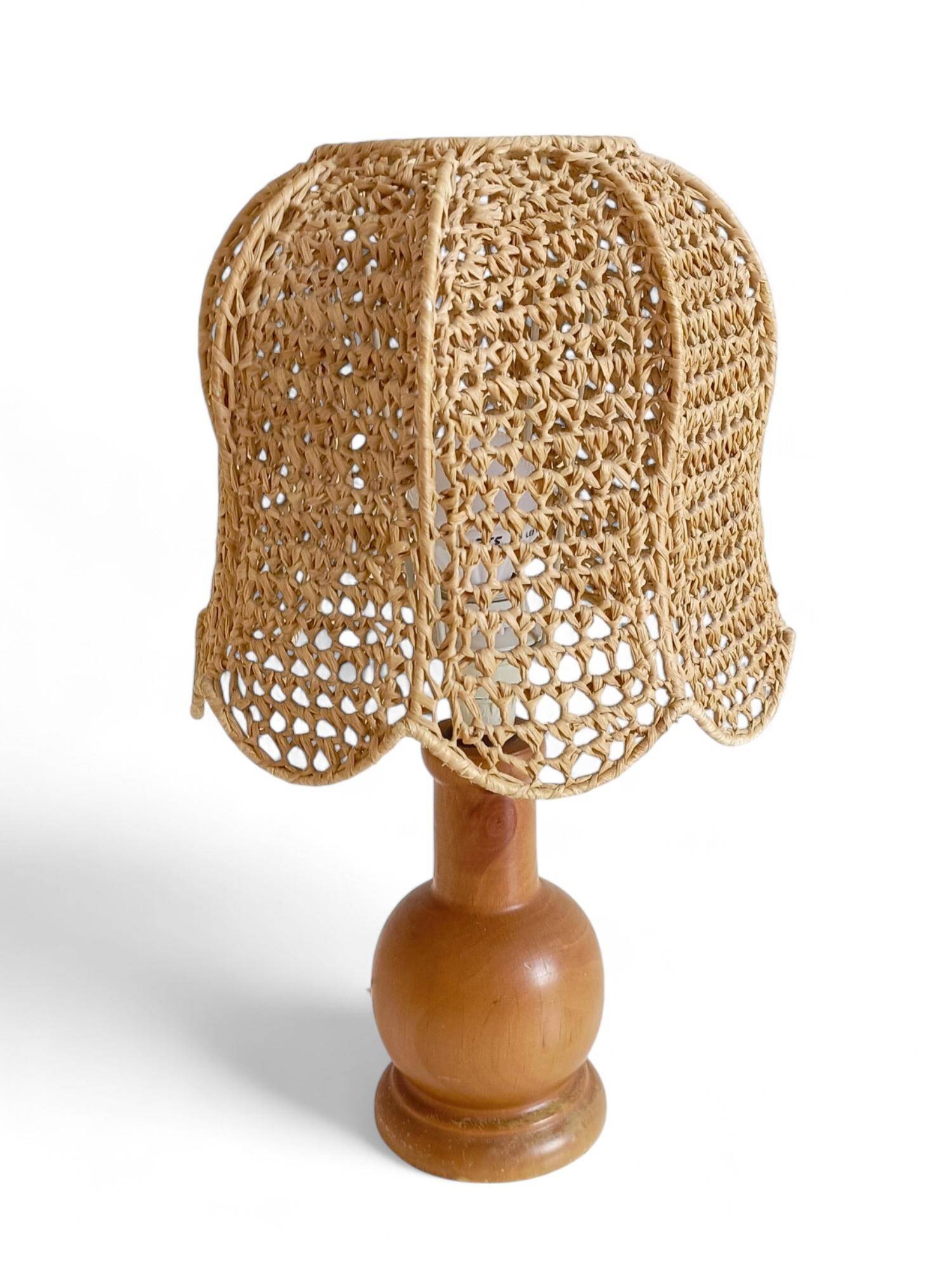 Mid-Century Bohemian Table Lamp, Pine Wood & Raffia, Italy, 1970s