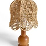 Mid-Century Bohemian Table Lamp, Pine Wood & Raffia, Italy, 1970s