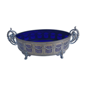 Silver metal centerpiece blue glass WMF