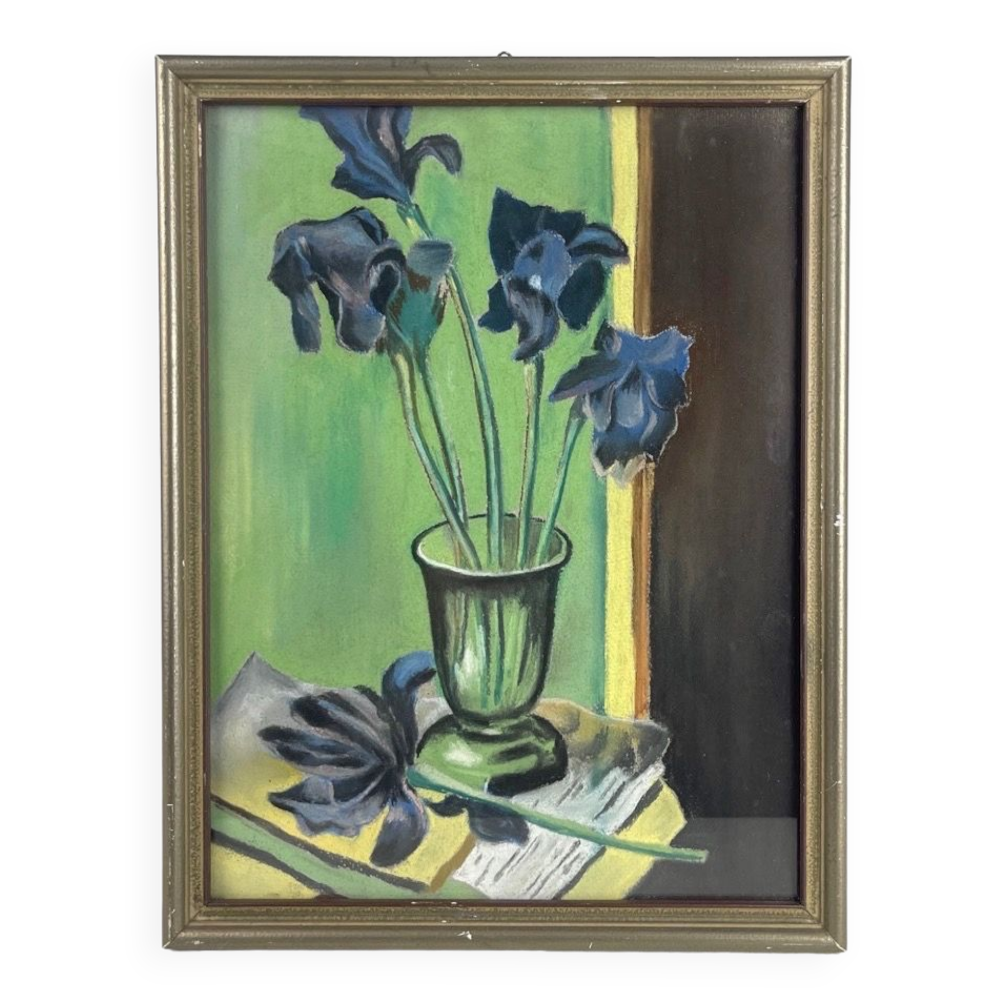 Pastel "Iris bleus" sur bois