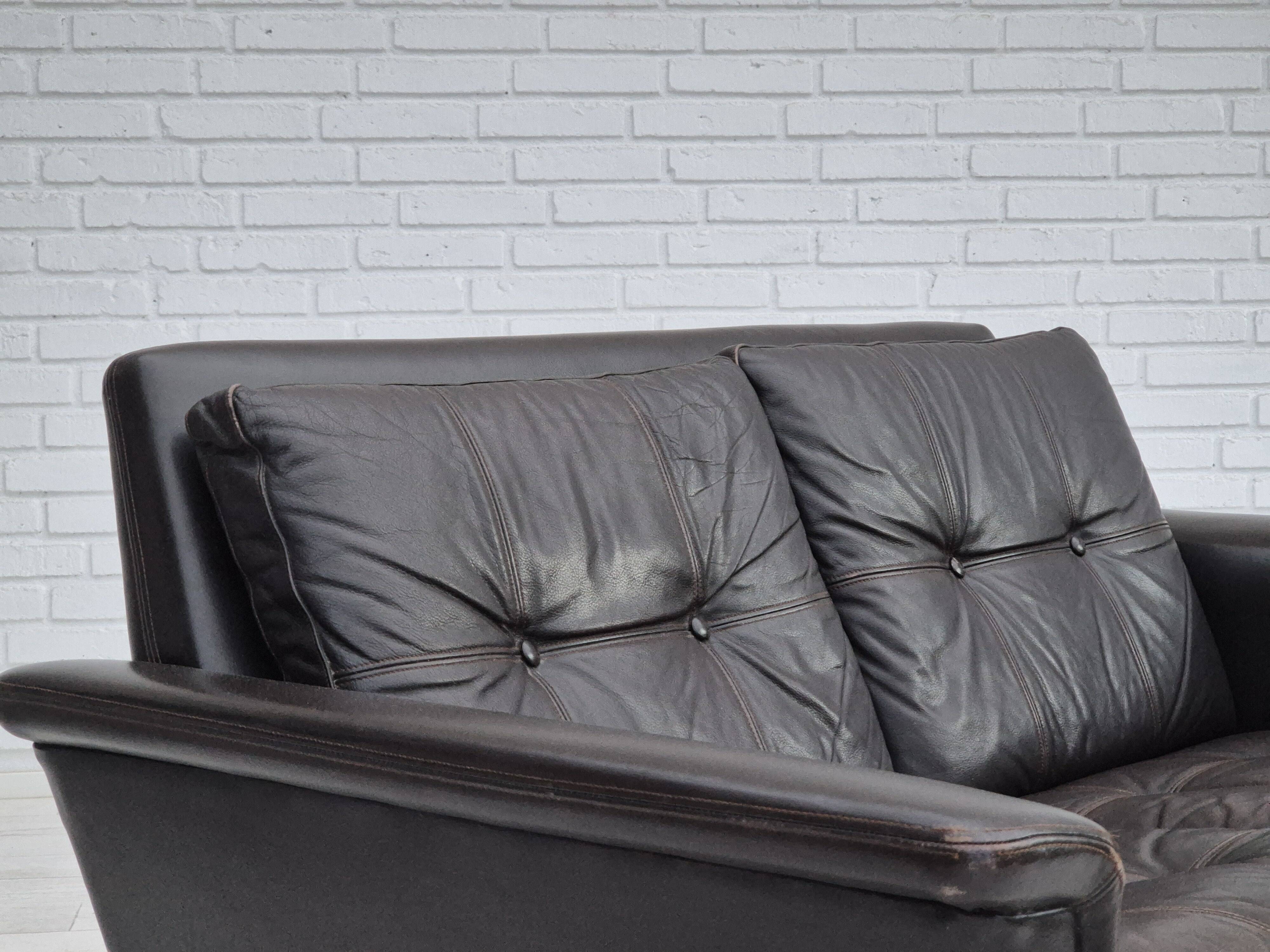 1970s, Danish 2 seater sofa, original condition, furniture leather, solid teak wood.