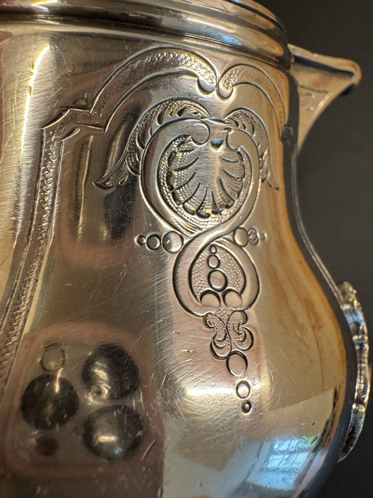 Antique silver-plated metal milk jug – Rococo style, chased decoration, early