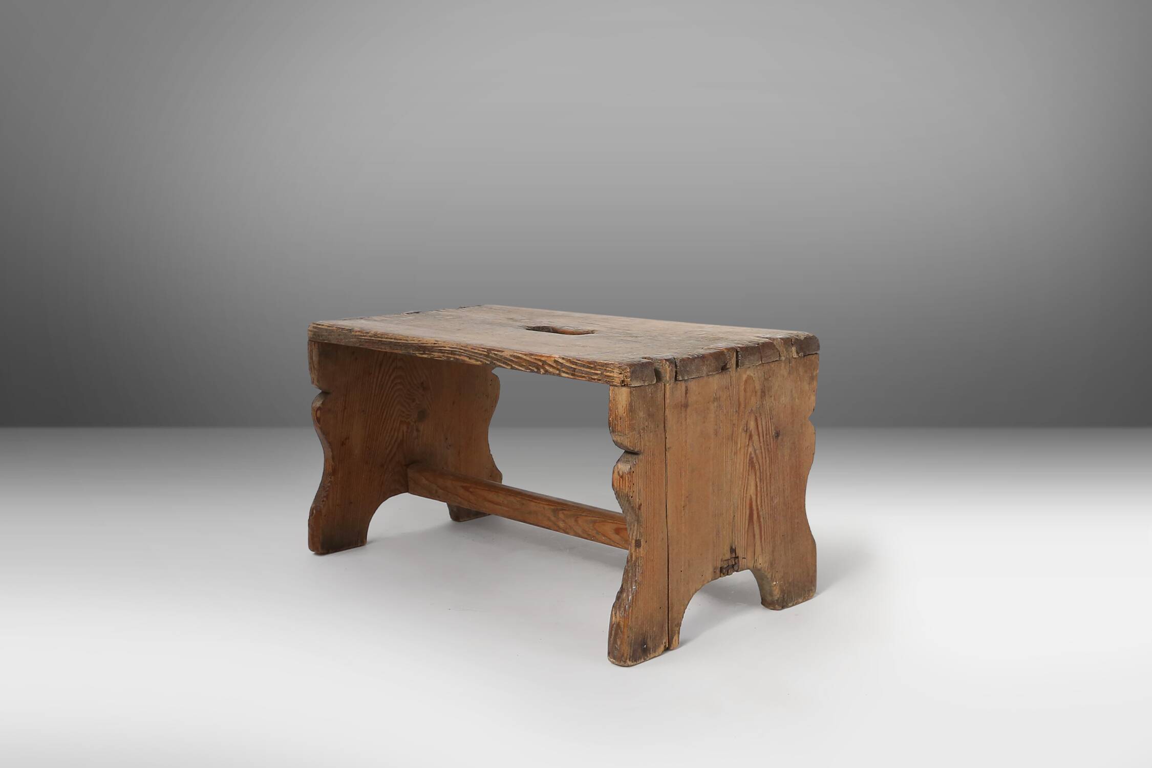 Rustic French wooden stool with beautiful patina, ca. 1900