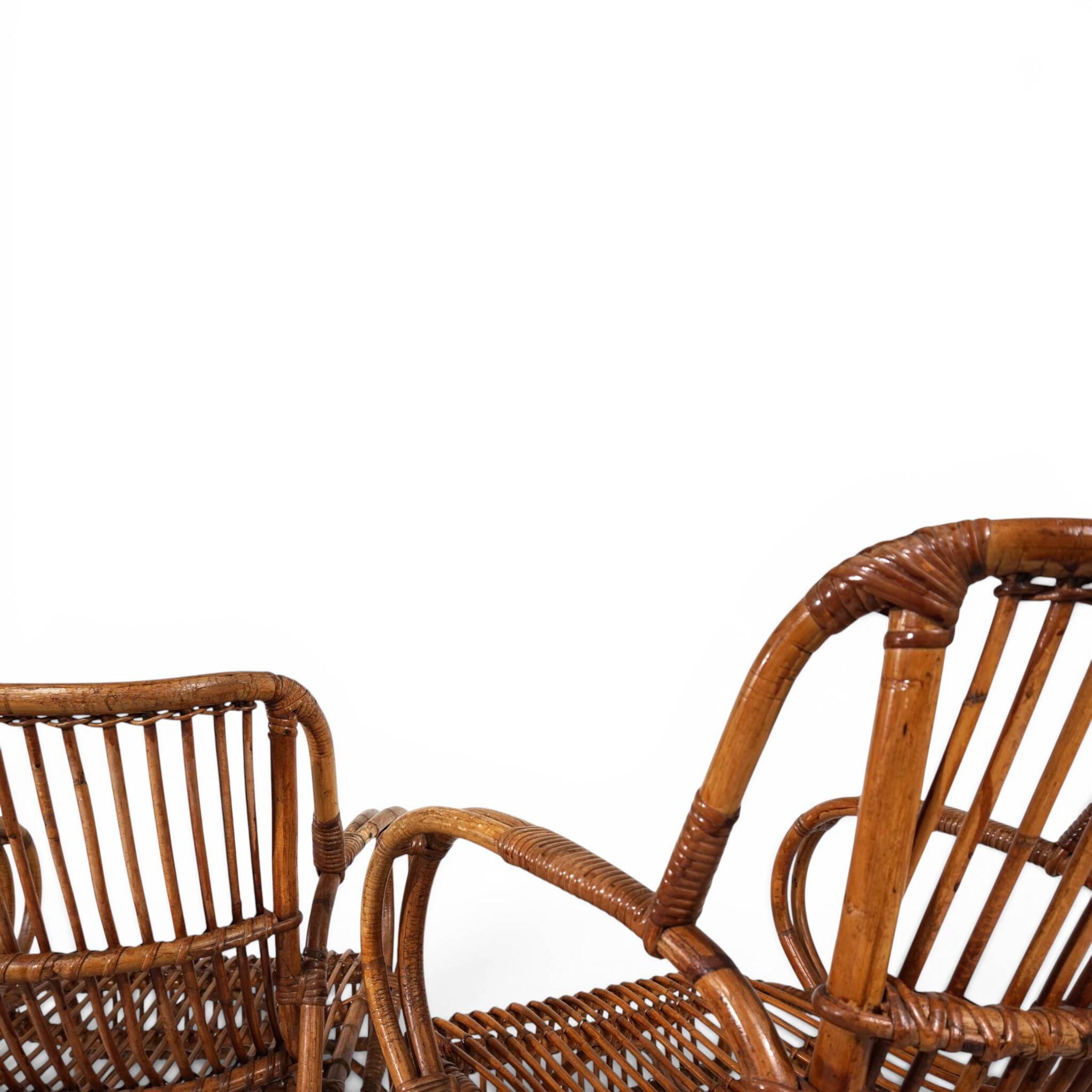 French Pair Vintage Rattan Bamboo Lounge Chairs, 1960
