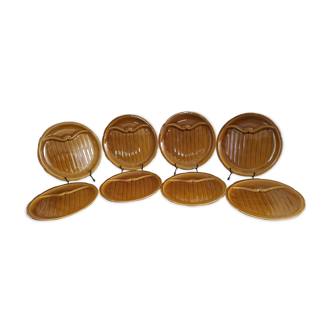 8 vintage GIEN asparagus plates France in brown glazed slurry