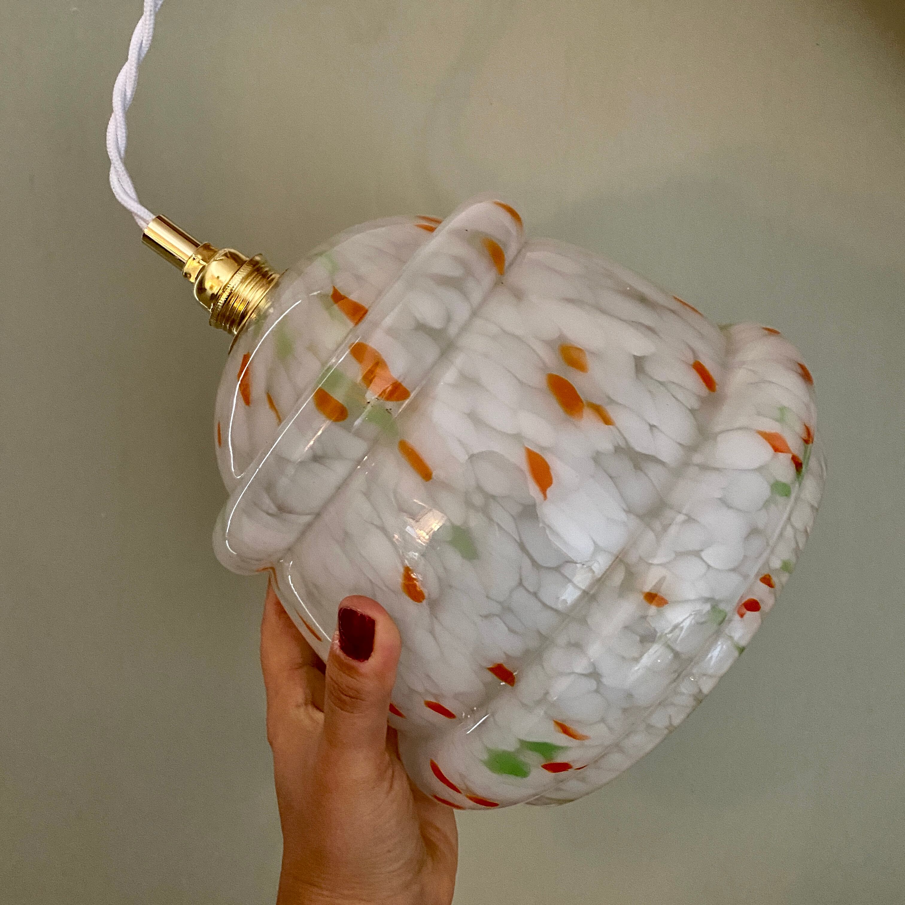Vintage Clichy glass globe pendant lamp white orange and green