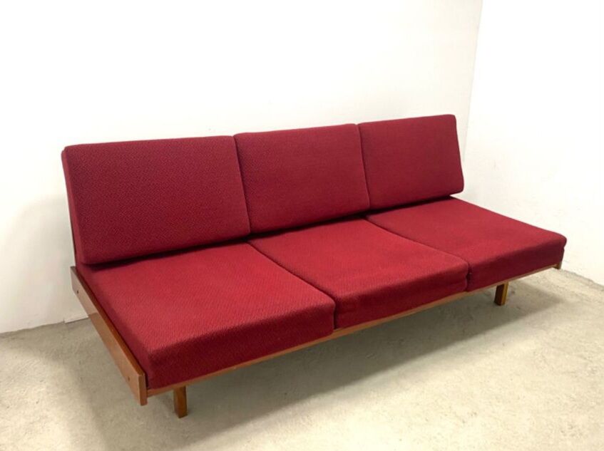 Beech sofa bed & red fabric by Drevotar Czech vintage 1960s