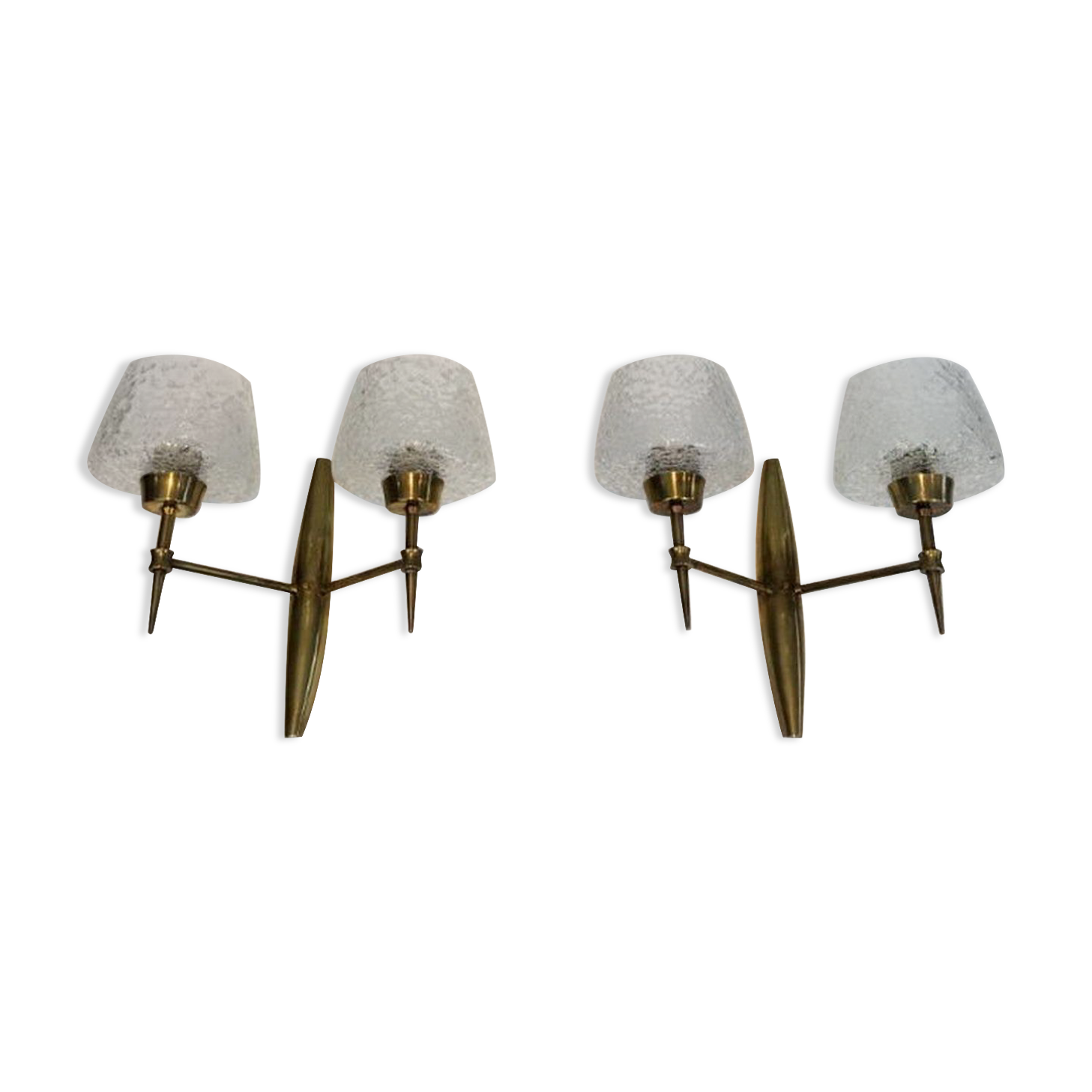 Pair of bronze sconces with worked glass reflectors