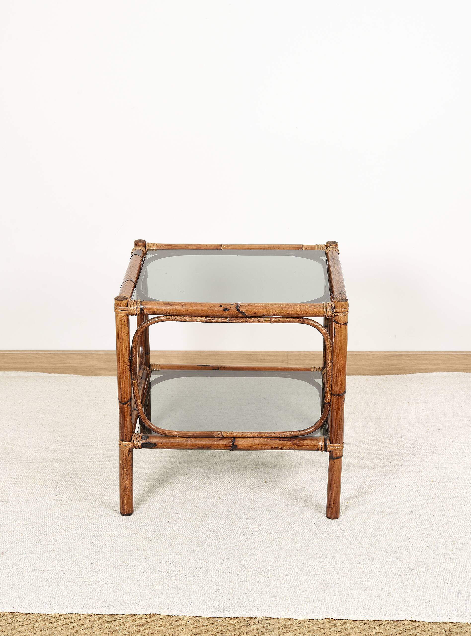 Bedside table or coffee table in bamboo and smoked glass, double top, 70s