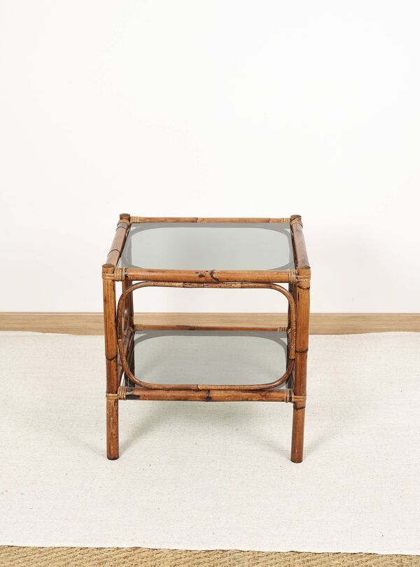 Table de chevet ou table basse en bambou et verre fumé, double plateau, années 70