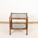 Bedside table or coffee table in bamboo and smoked glass, double top, 70s