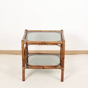 Bedside table or coffee table in bamboo and smoked glass, double top, 70s