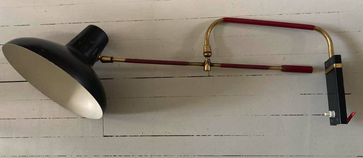Adjustable wall lamp in black lacquered iron and brass, Italy, circa 1950