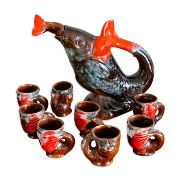 Vallauris fish pitcher and 8 mugs