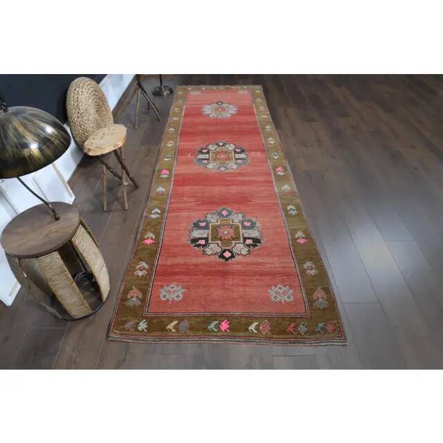 Handmade Turkish Vintage Oushak Runner Rug Pink Green Runner 105x327