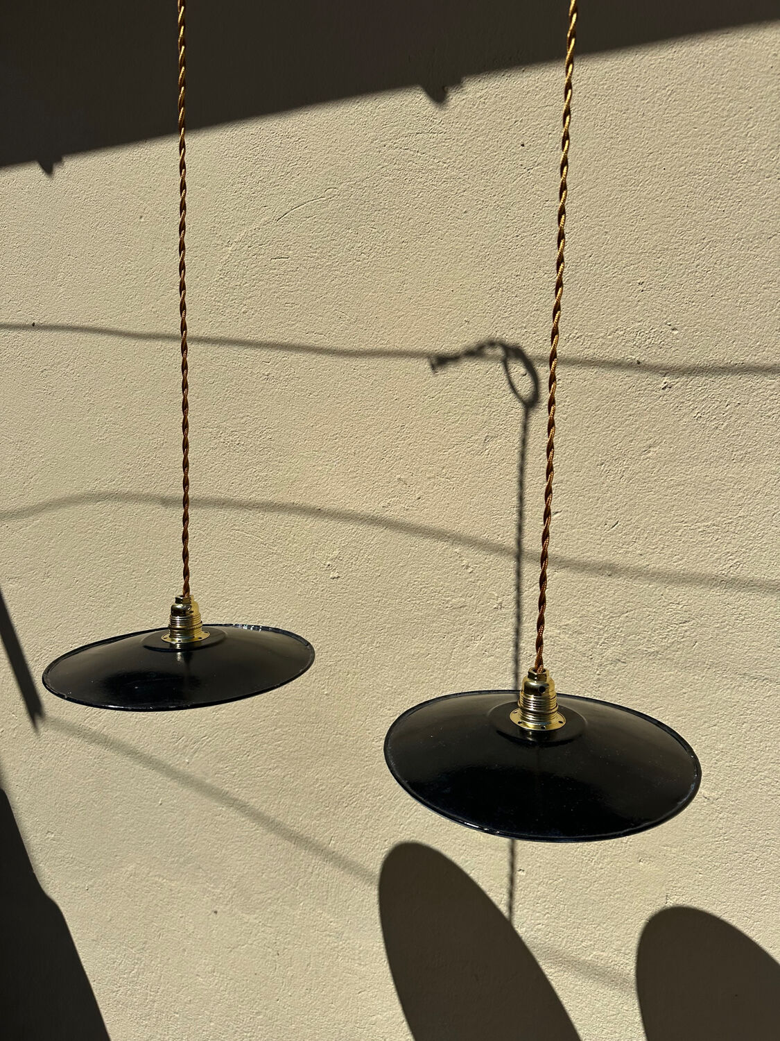 2 vintage enamelled sheet metal pendant lights