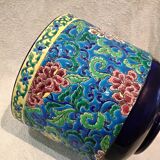Beautiful large Longwy enamel cachepot with a cabin and chrysanthemum cartouche