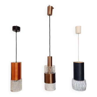three vintage pendant lamps, copper, aluminum and glass.