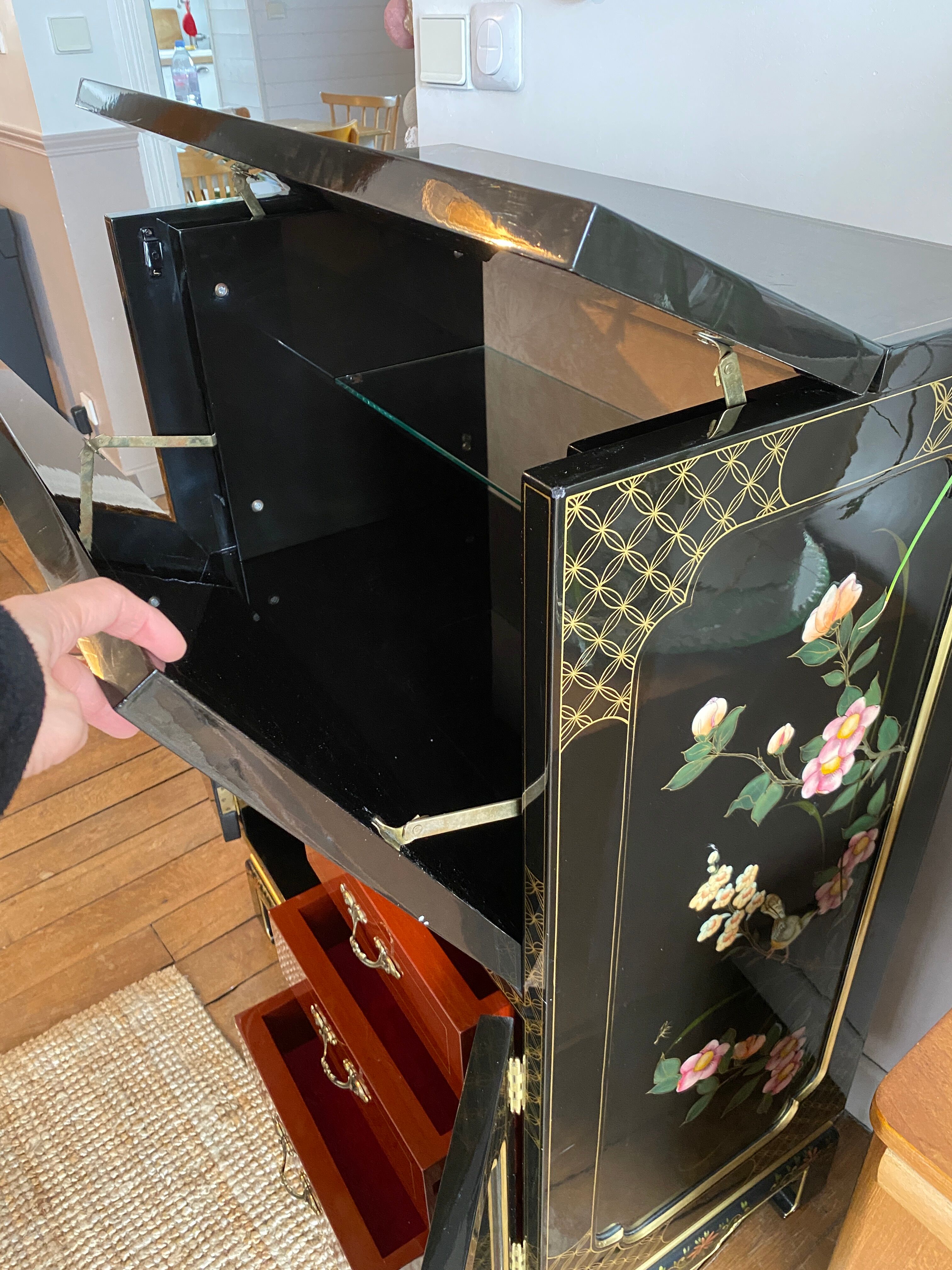 Chinese secretarial cabinet lacquered black Asian