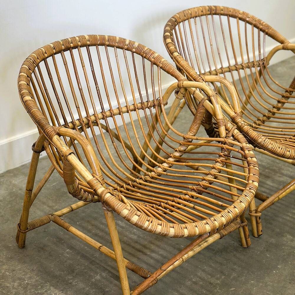 Mid-century French Riviera rattan lounge chairs – pair – 1960s organic design