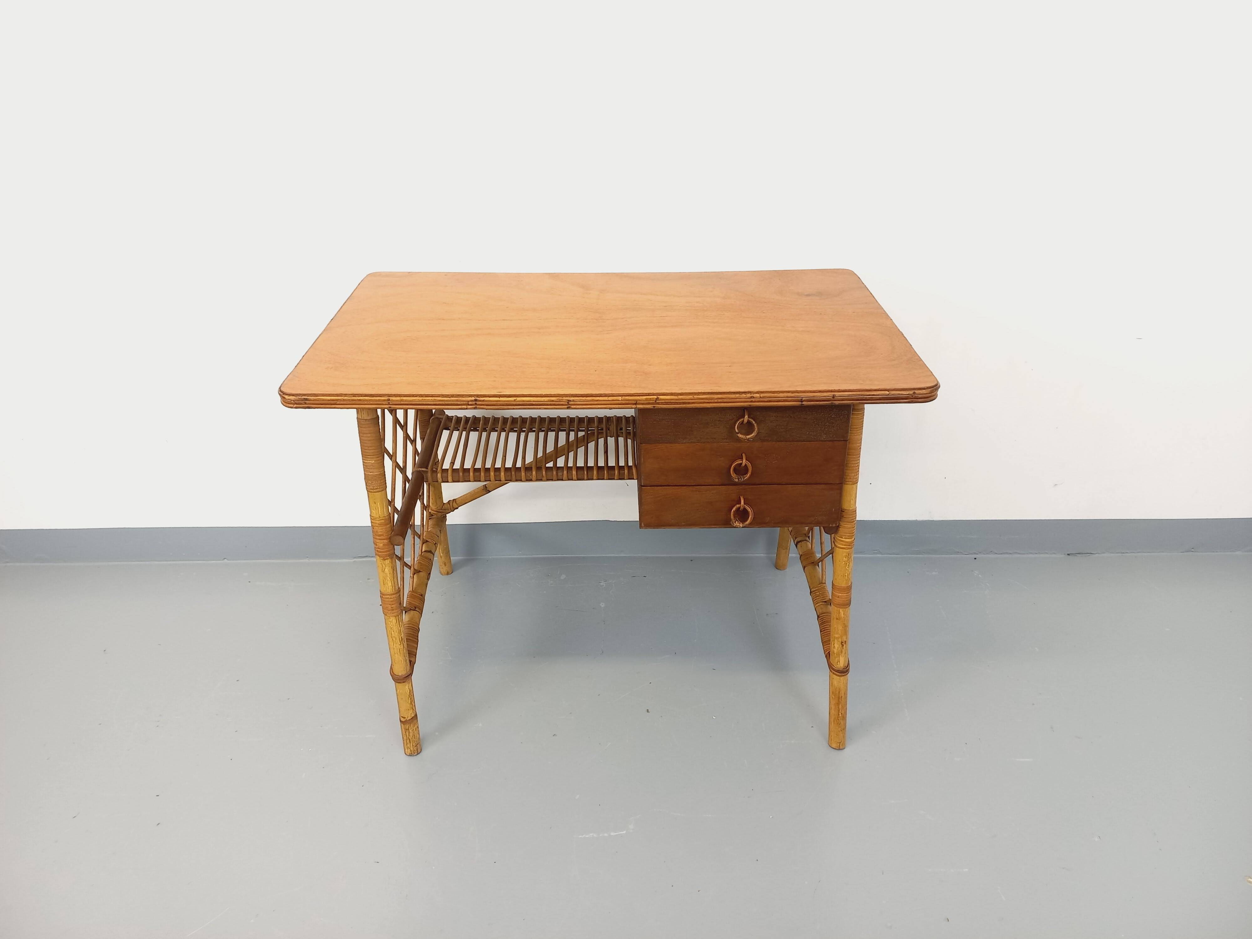 Vintage Louis Sognot desk in rattan and wood from the 1960s