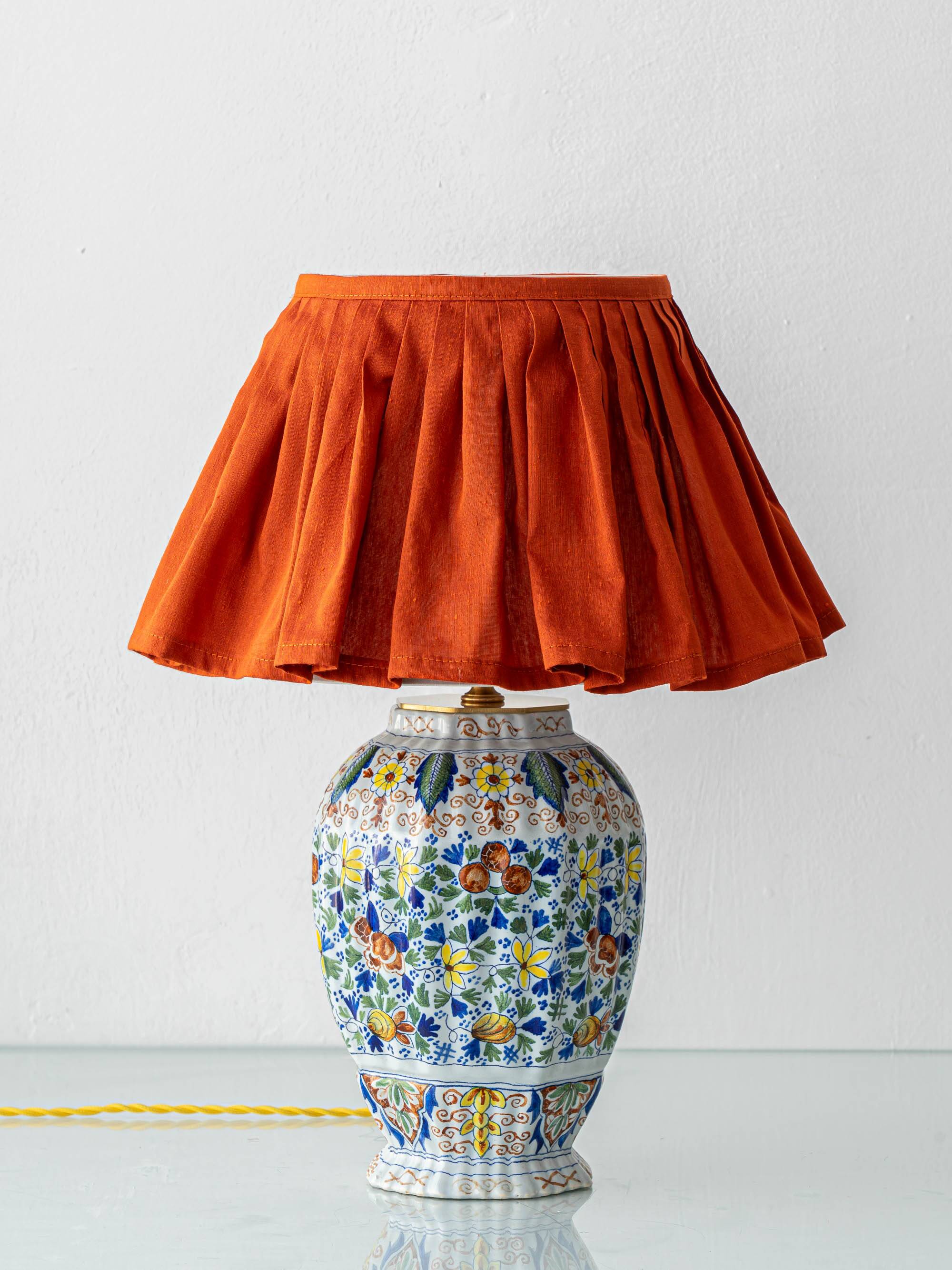 Polychrome Dutch Delft Table Lamp, Tichelaar Makkum, with New Loose Pleat Silk Shade