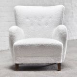 Fauteuil modèle 1669 en laine blanche,  Fritz Hansen, Danemark années 1940