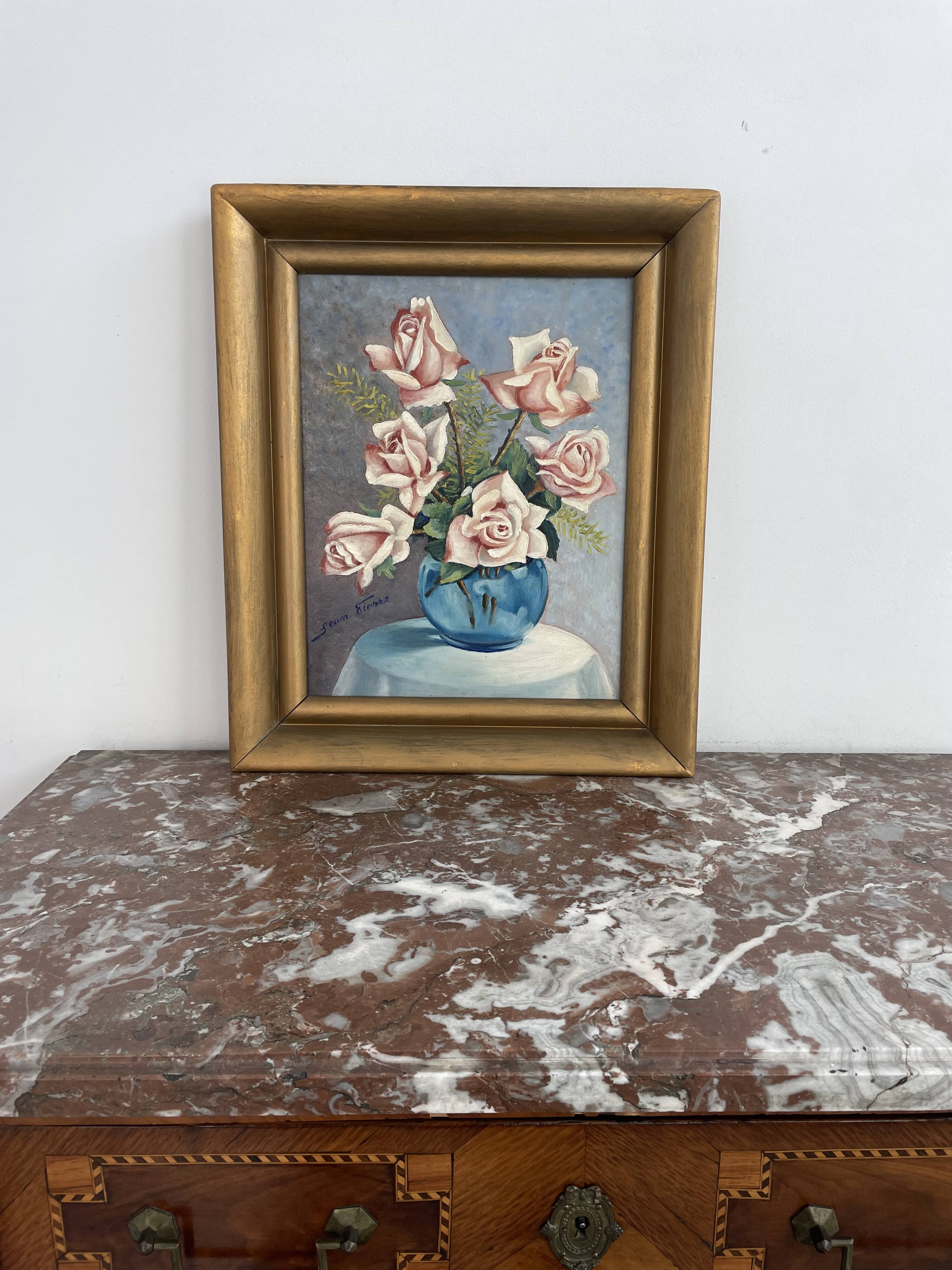 Still life with roses – Signed oil, blue vase, vintage gold frame