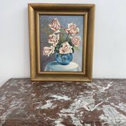 Still life with roses – Signed oil, blue vase, vintage gold frame