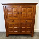 Artisan brutalist oak cabinet with turned knobs, France, 1970s