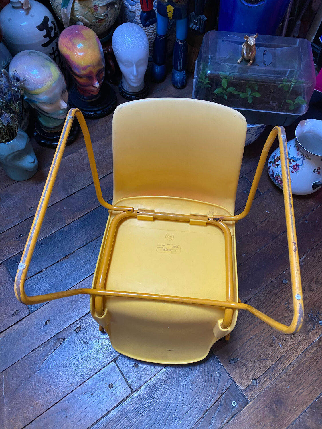 Duo of vintage Grofilex child kindergarten chairs yellow plastic